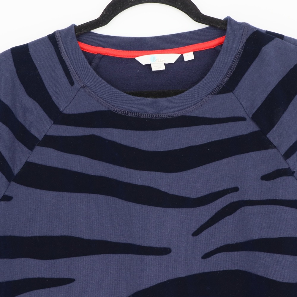 BODEN Women's Crewneck Pullover Size L Navy Blue Flocked Zebra Print Sweatshirt - Picture 2 of 5